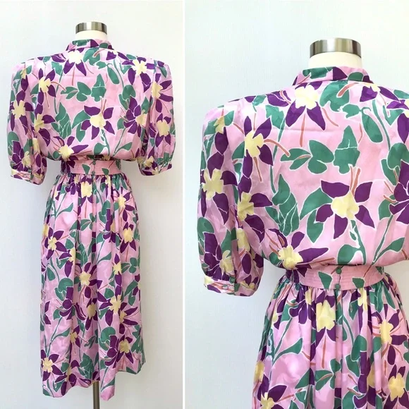 Vintage 80’s pink abstract orchid floral secretary dress - Picture 6 of 9